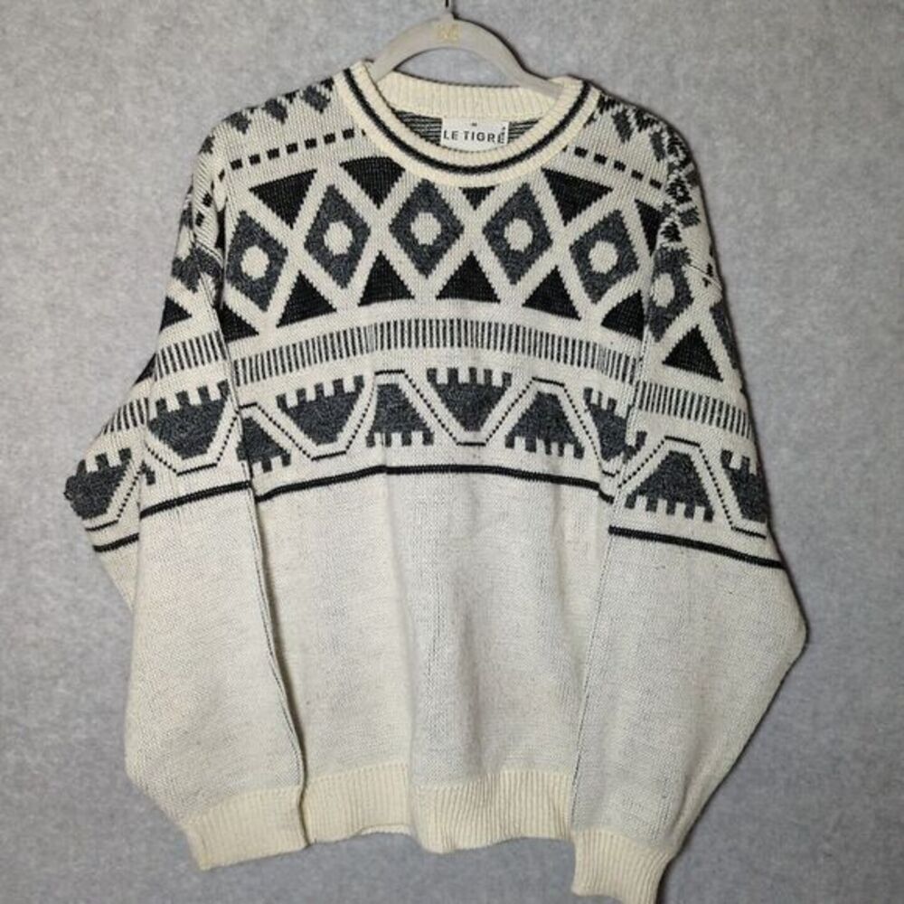 Le Tigre VTG 80s Knit Geometric Mens Crew Neck Sweater M TV Dad Fair Isle Retro